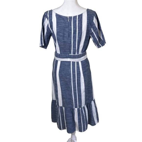Eshakti Striped Cotton Chambray Flounce Hem Shift Dress Blue White Chic Nautical - Picture 8 of 16